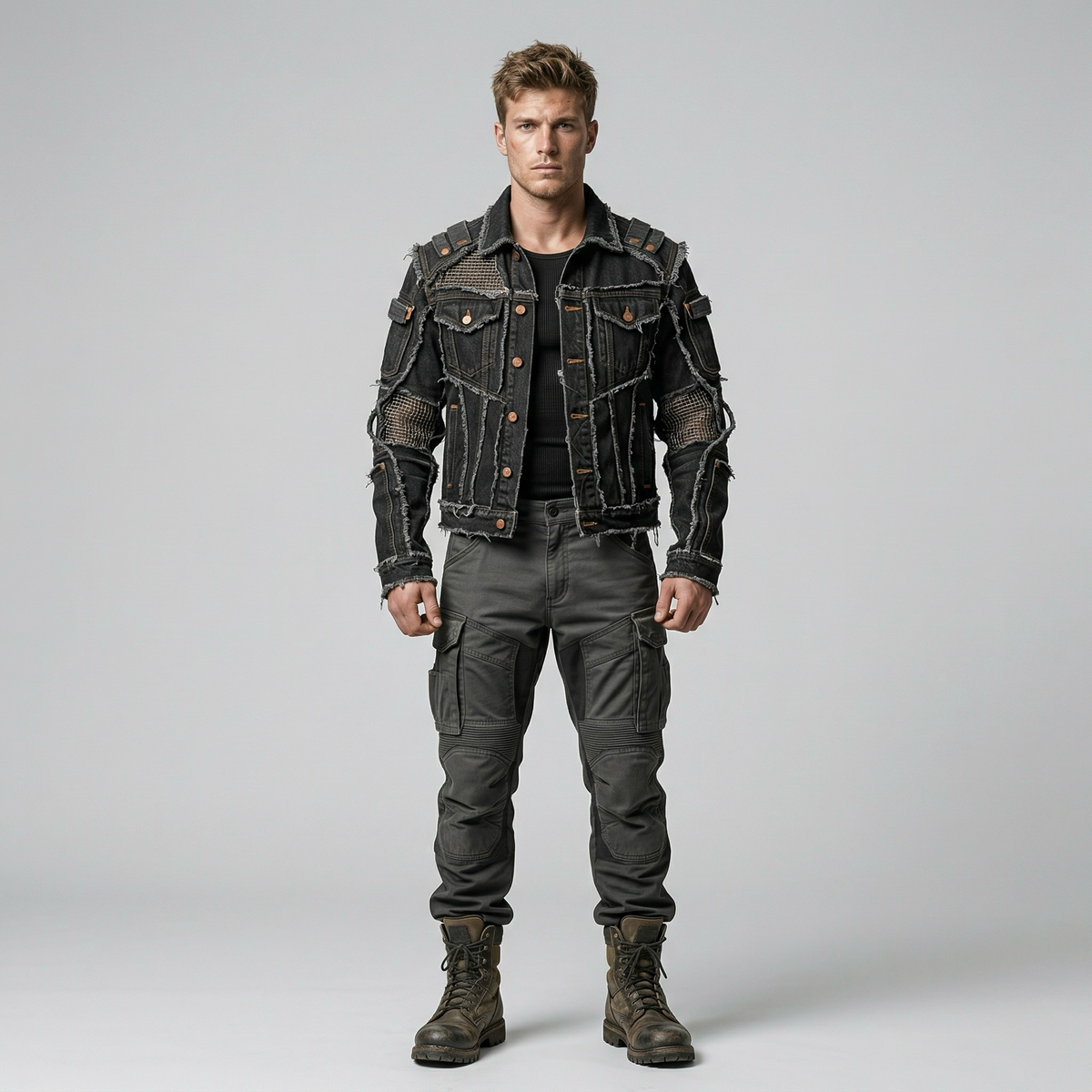 Men's Distressed Denim Utility Jacket