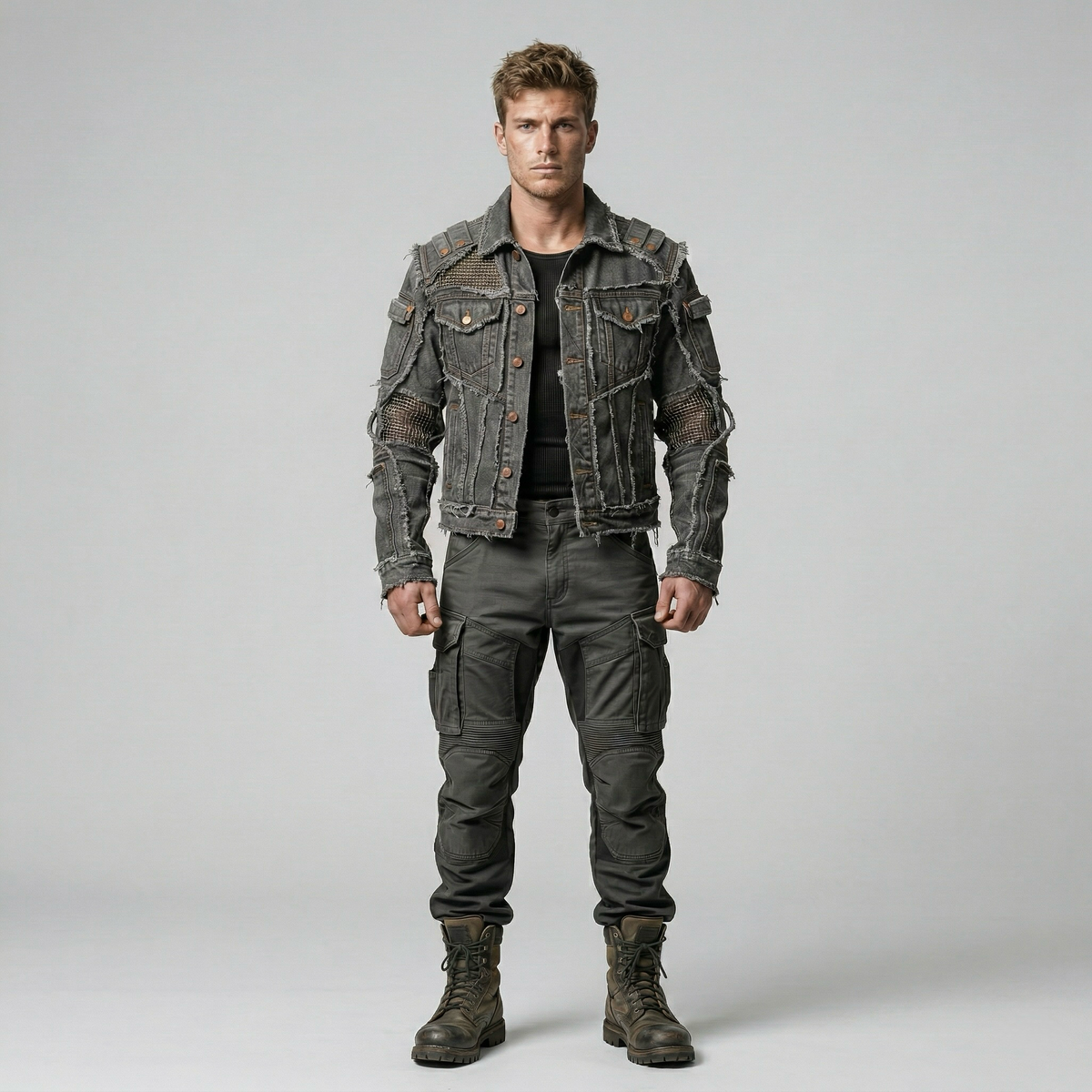 Men's Distressed Denim Utility Jacket